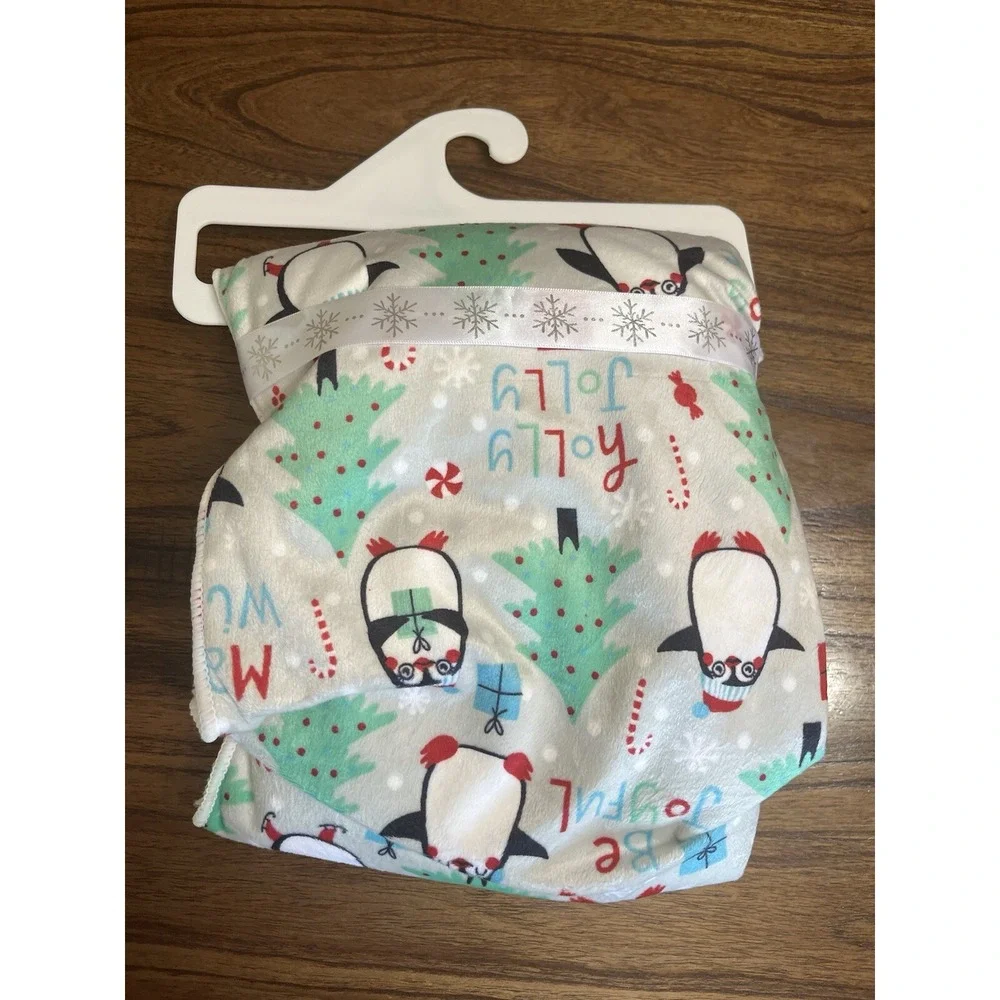 Penguin Christmas‎ Holiday Gray White Baby Blanket 